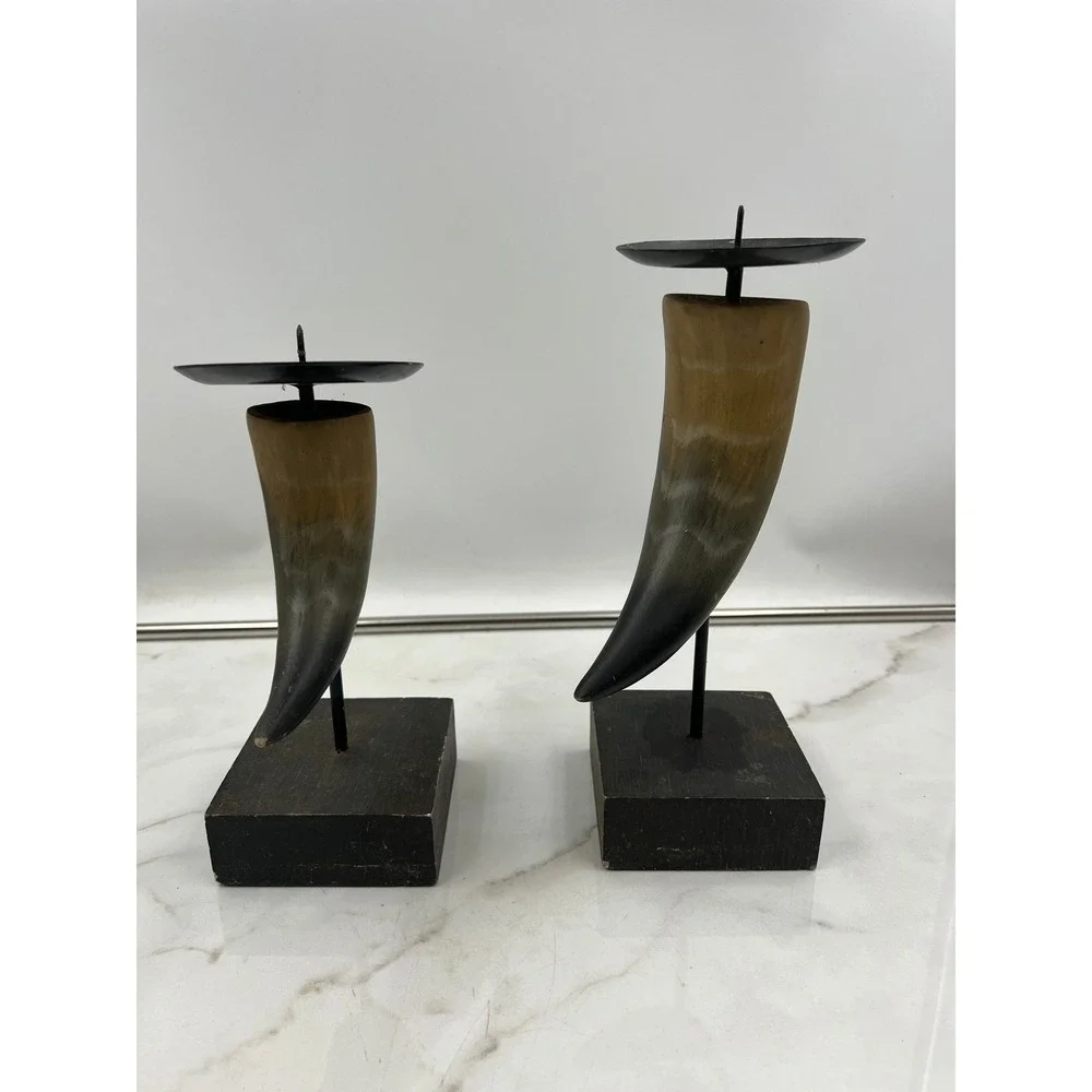 Elements Faux Horn Pillar Candle Holders Set of 2 Rustic Lodge Decor Black Tan